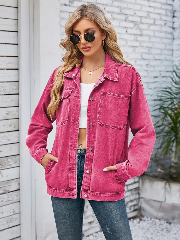Washed Denim Jacket with Button Closure, Pockets and Relaxed Fit