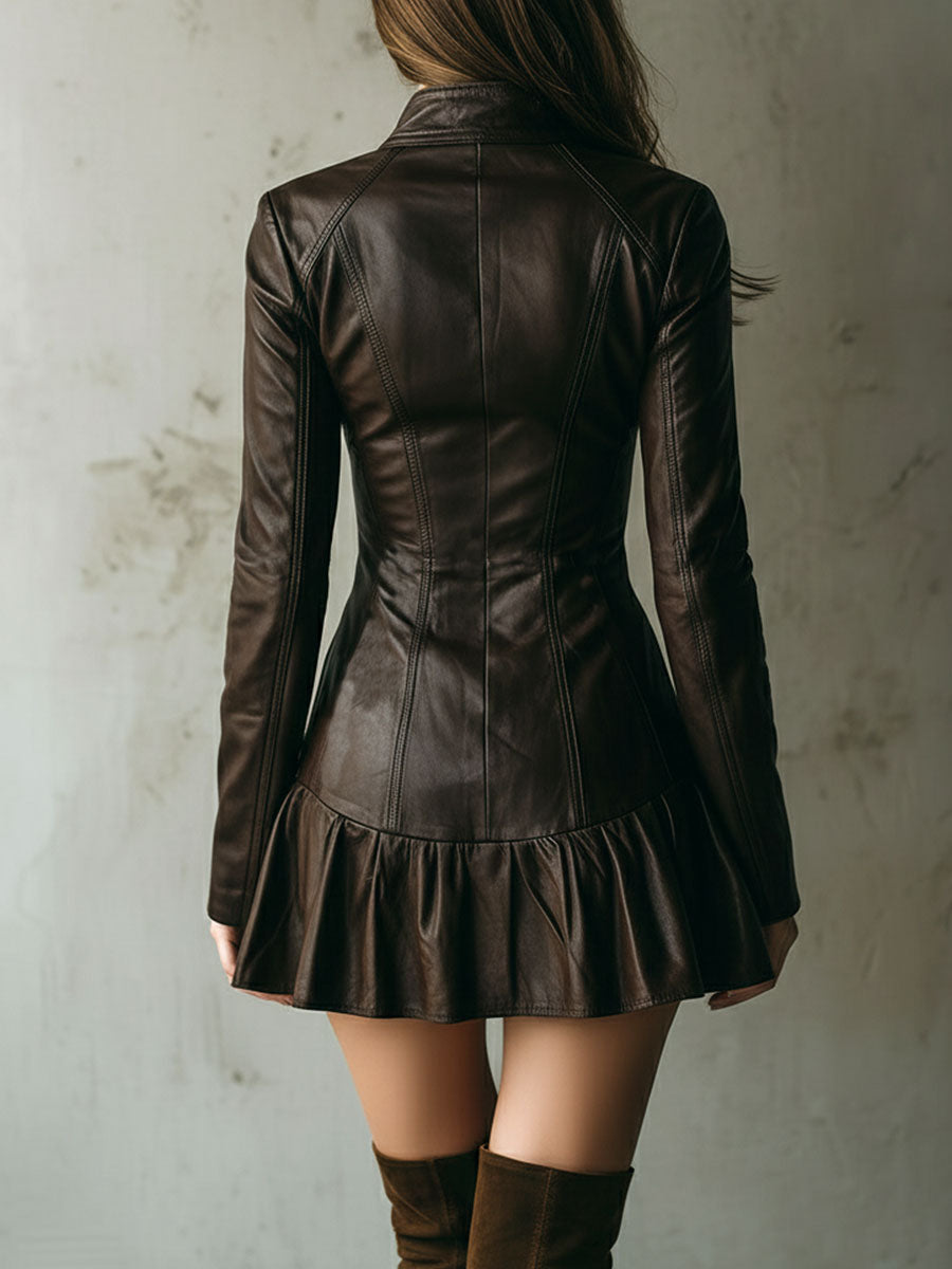 Brown Eco Leather Fitted Zip-Front Mini-Length Dress With Flared Hem