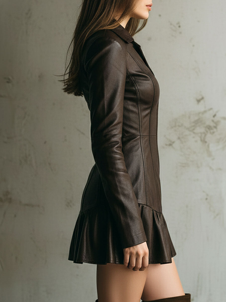 Brown Eco Leather Fitted Zip-Front Mini-Length Dress With Flared Hem