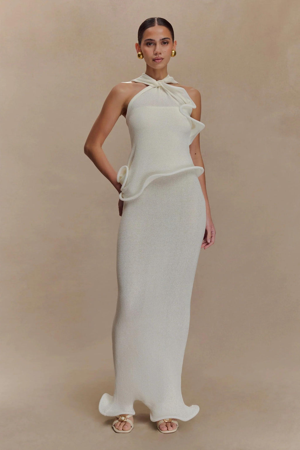Knit Halter Ruffled Maxi-Length Dress