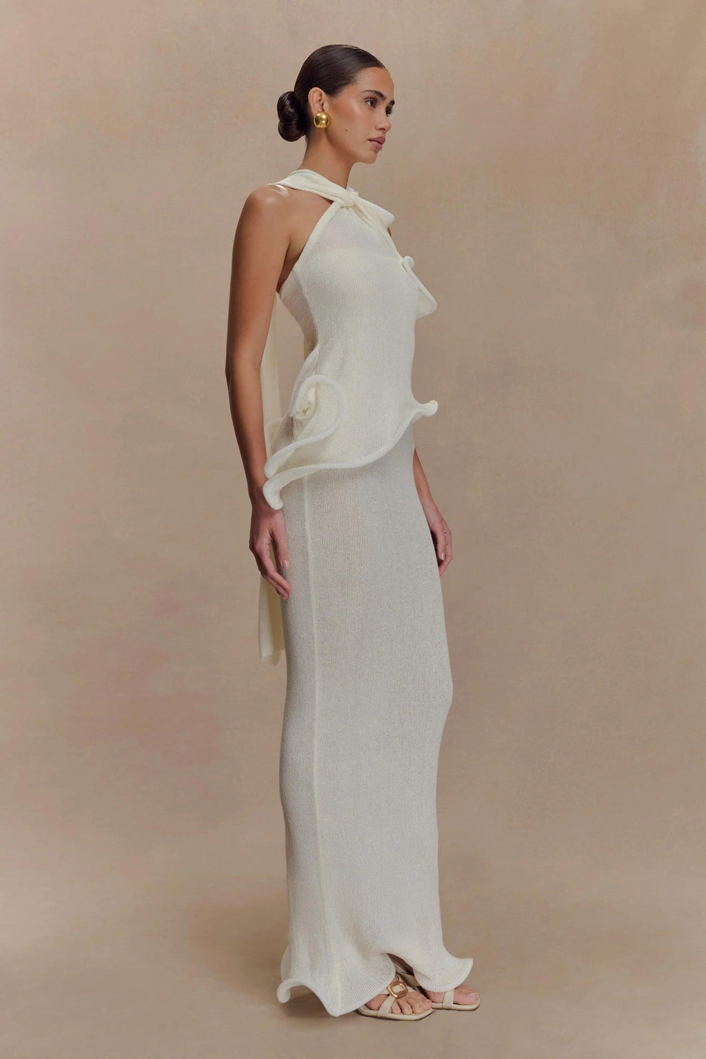 Knit Halter Ruffled Maxi-Length Dress