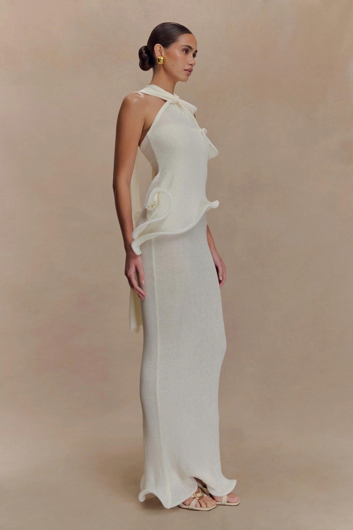 Knit Halter Ruffled Maxi-Length Dress