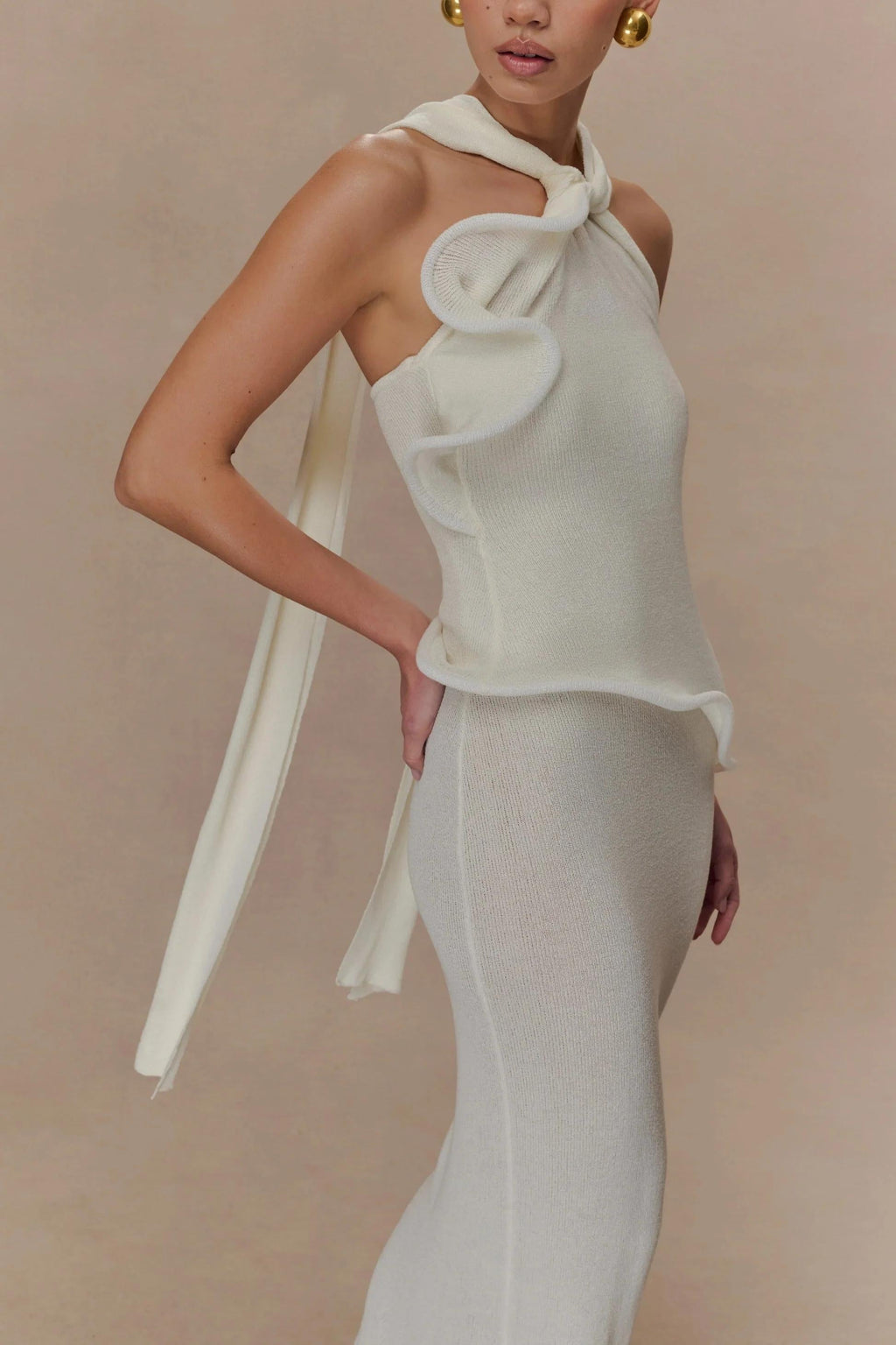 Knit Halter Ruffled Maxi-Length Dress