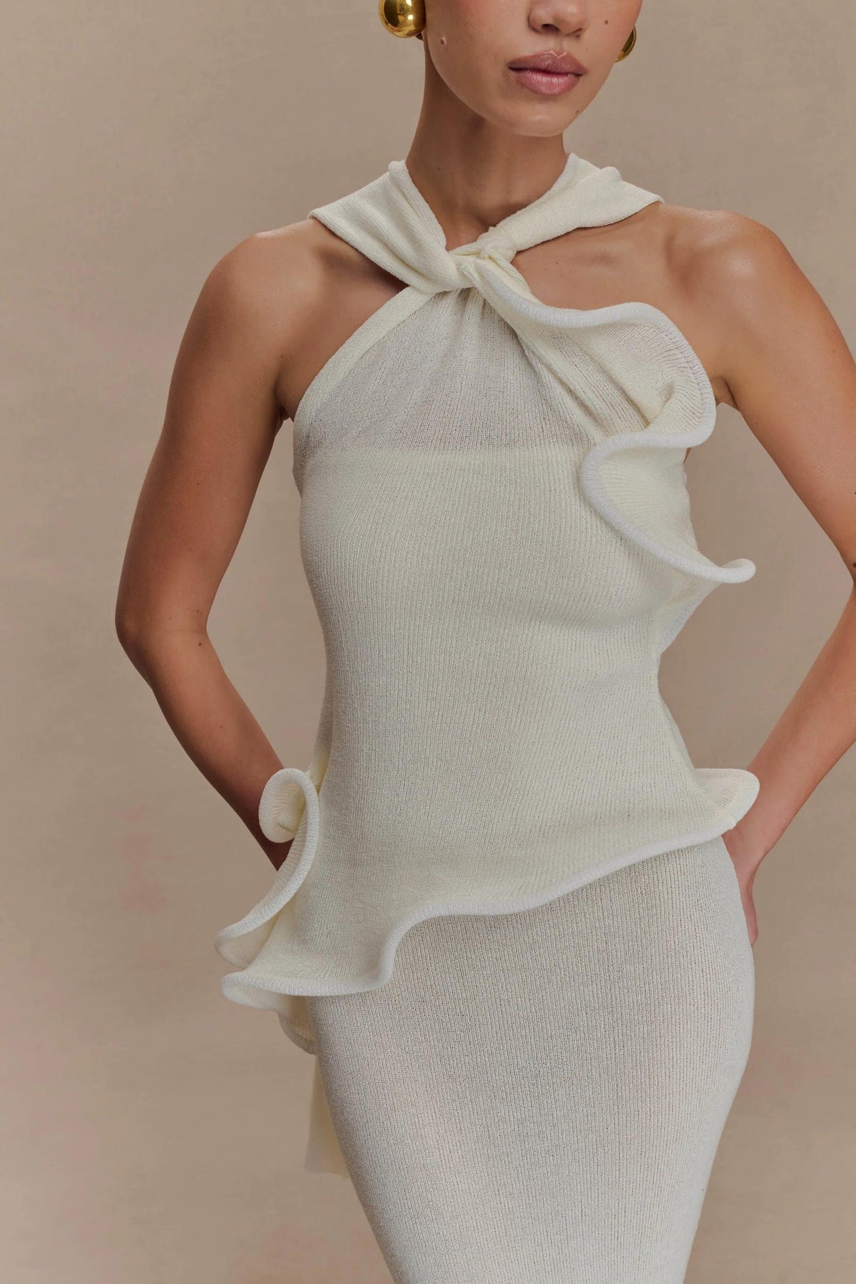 Knit Halter Ruffled Maxi-Length Dress