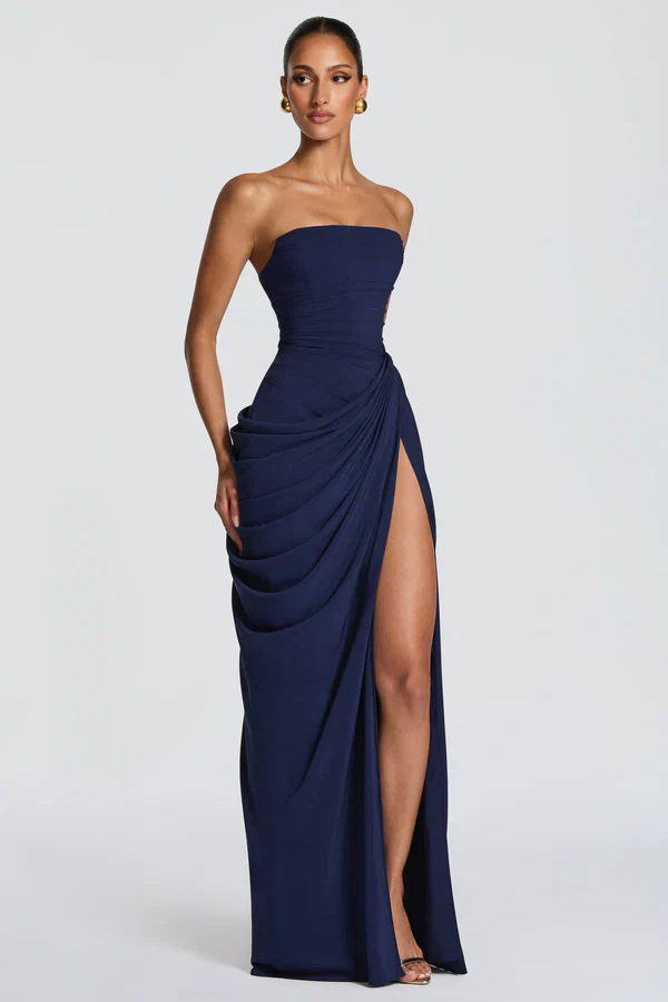 Corset Style Draped Navy Maxi-Length Dress