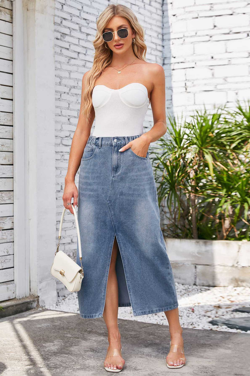 Modern Washed Elastic Waist Denim Midi Skirt