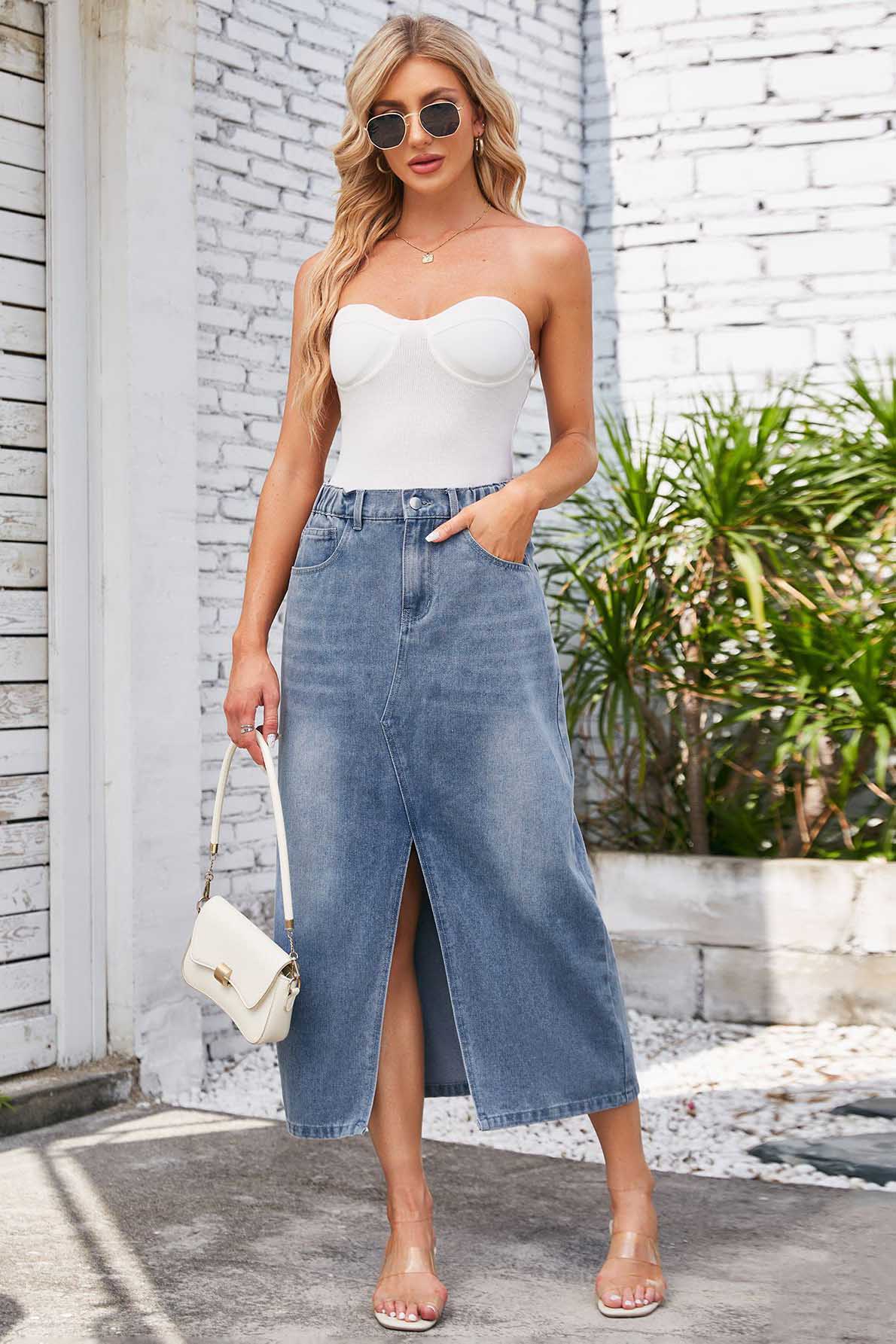 Modern Washed Elastic Waist Denim Midi Skirt