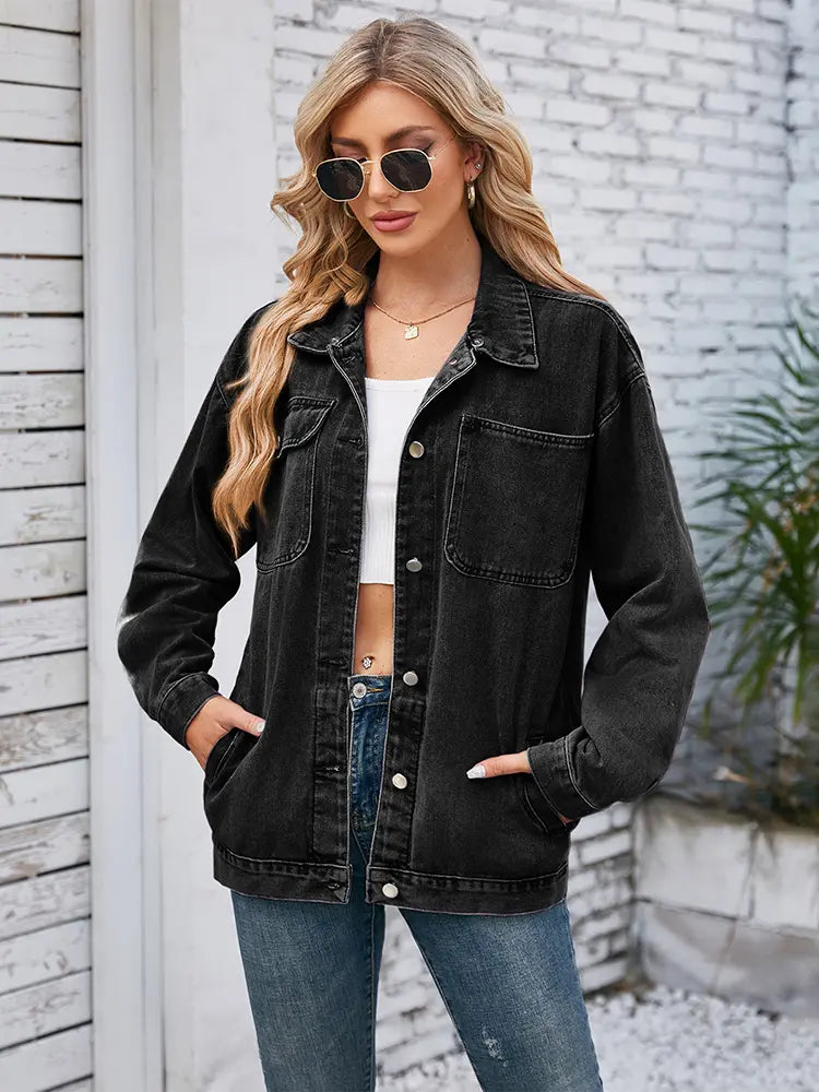 Washed Denim Jacket with Button Closure, Pockets and Relaxed Fit