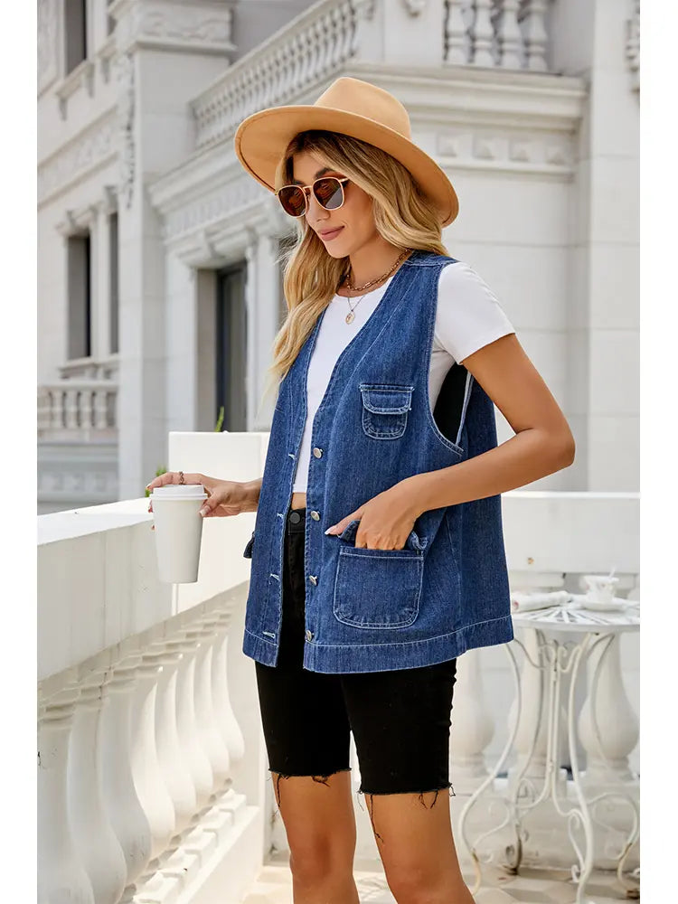 Washed Denim Vest with Pockets, Relaxed Fit and Sleeveless Cut