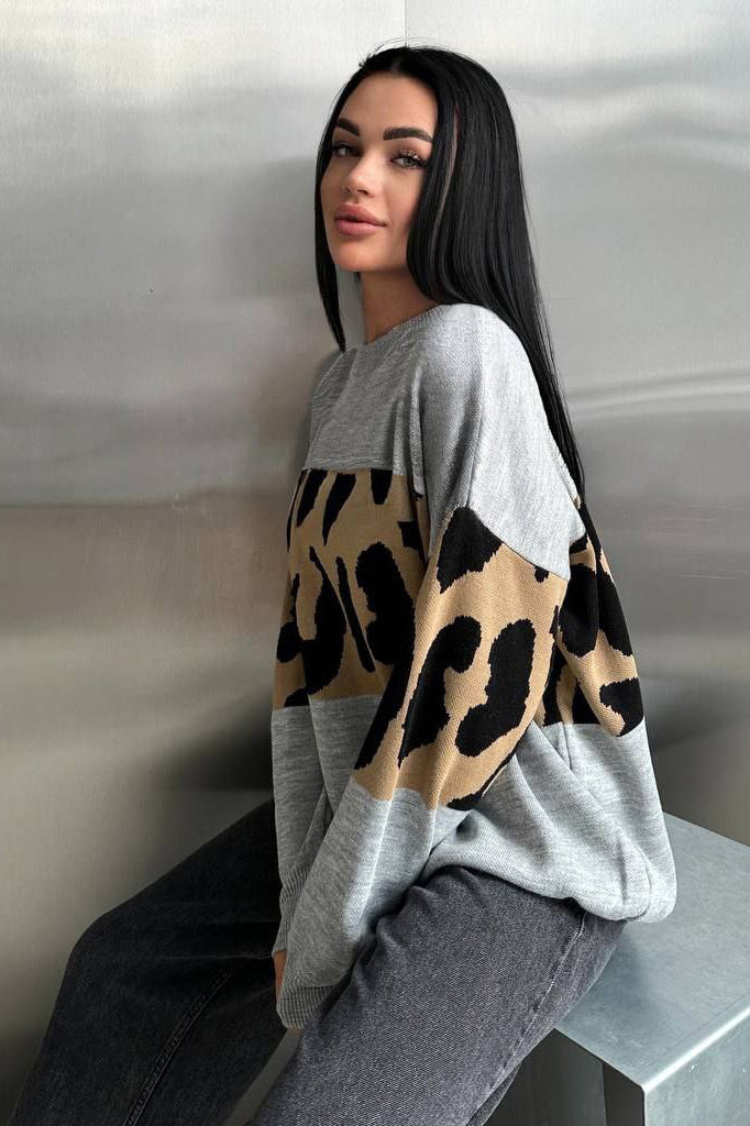 Retro Leopard Print Color-Block Knit Sweater
