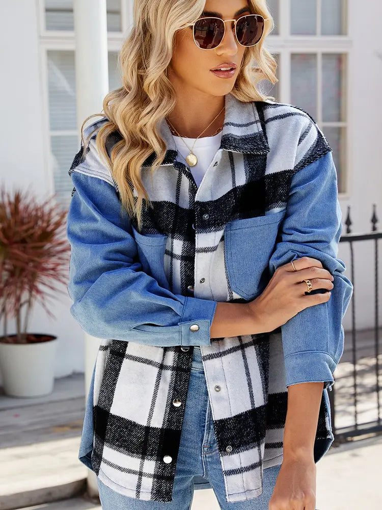Oversized Washed Denim Jacket with Plaid