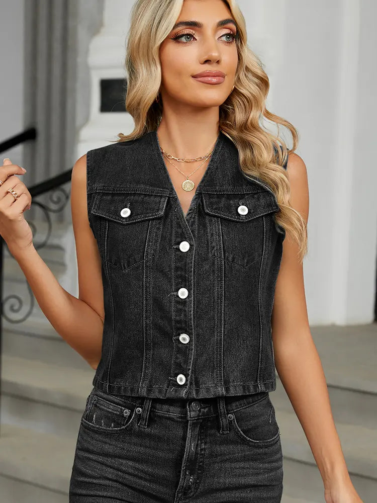Denim Vest with a Fitted Cut, Button Closure and Relaxed Fit