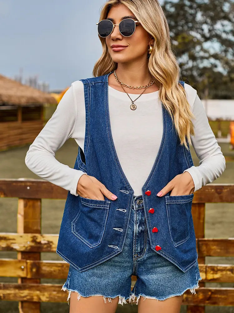Washed Denim Vest with a Fitted Cut and Lapel Collar