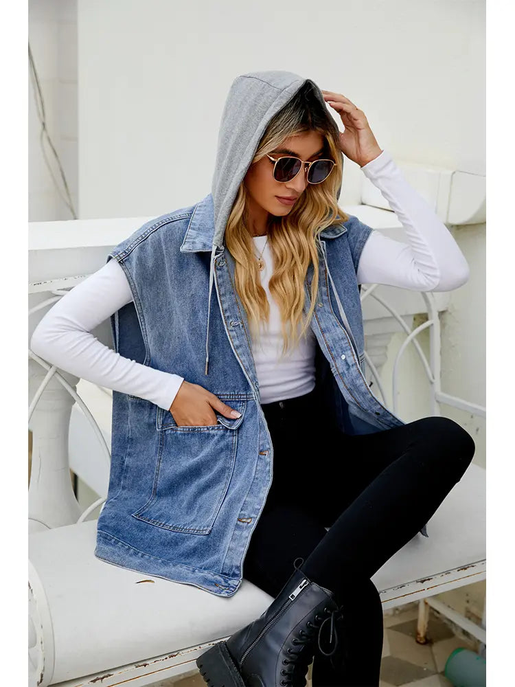 Denim Vest with Hood and Button Closure