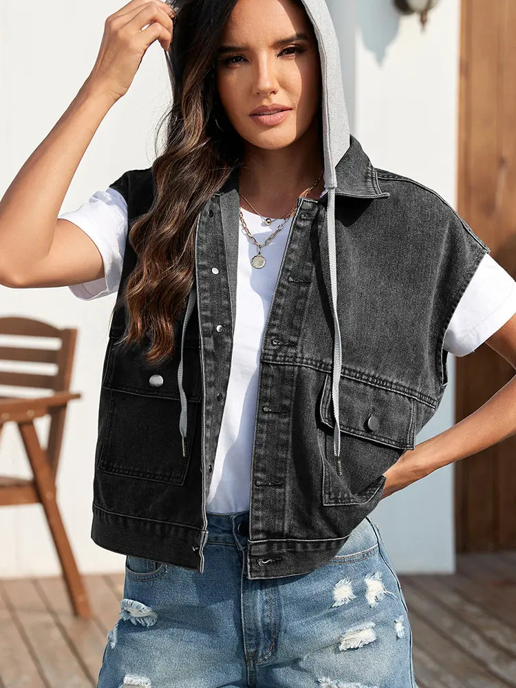 Washed, Lightweight Denim Vest with Fitted Cut and Button Closure