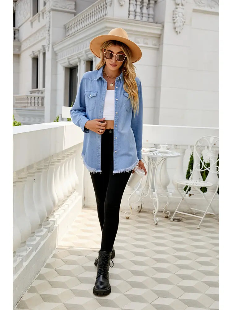 Denim Shirt Jacket in a Washed, Lightweight Design with Button Closure