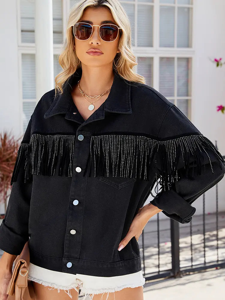 Denim Jacket with Studs, Fringe and Button Closure