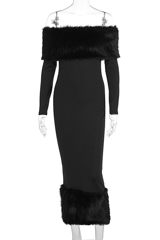 Refined One-Shoulder Fur Collar Slim Midi Dresses