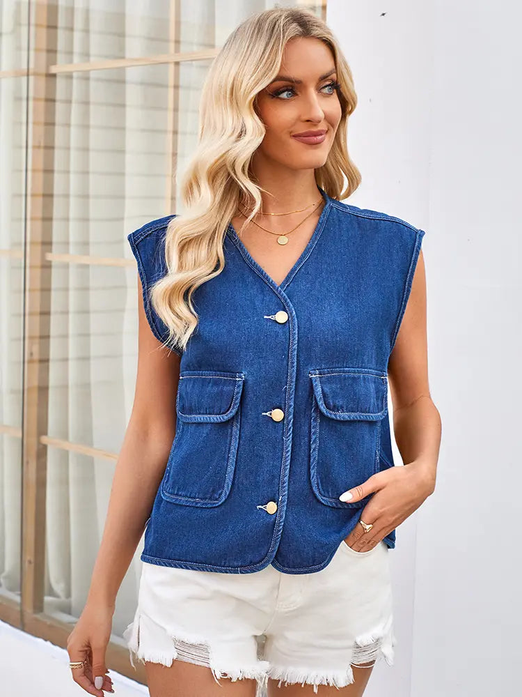 Lightweight Denim Vest, Collarless, with Button Closure