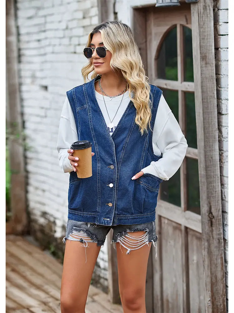 Denim Vest with Button Closure, Relaxed Fit and Sleeveless Cut