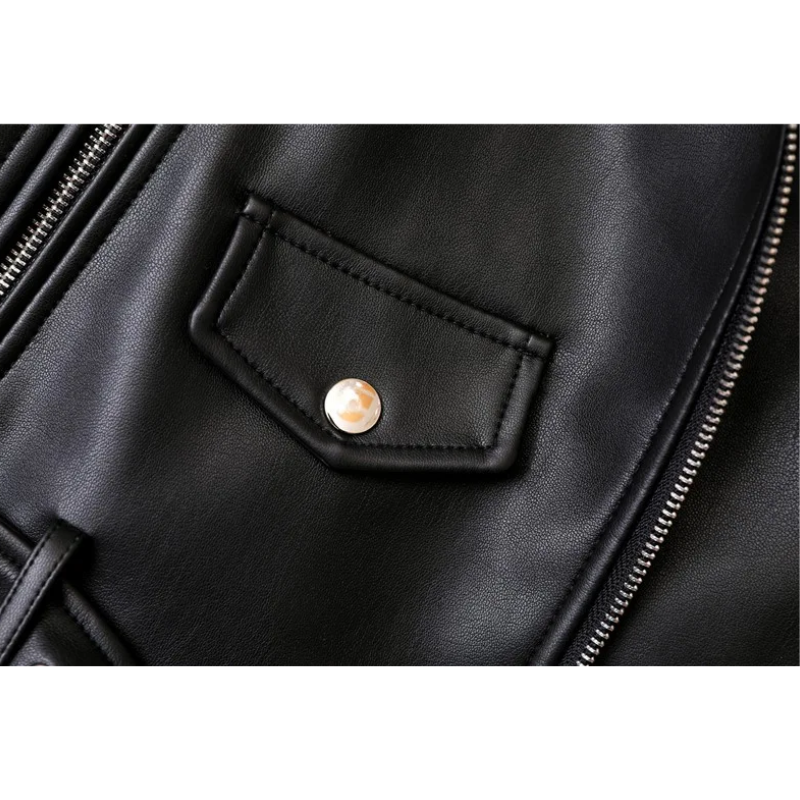 Leather Biker Jacket with Zippers and Belt
