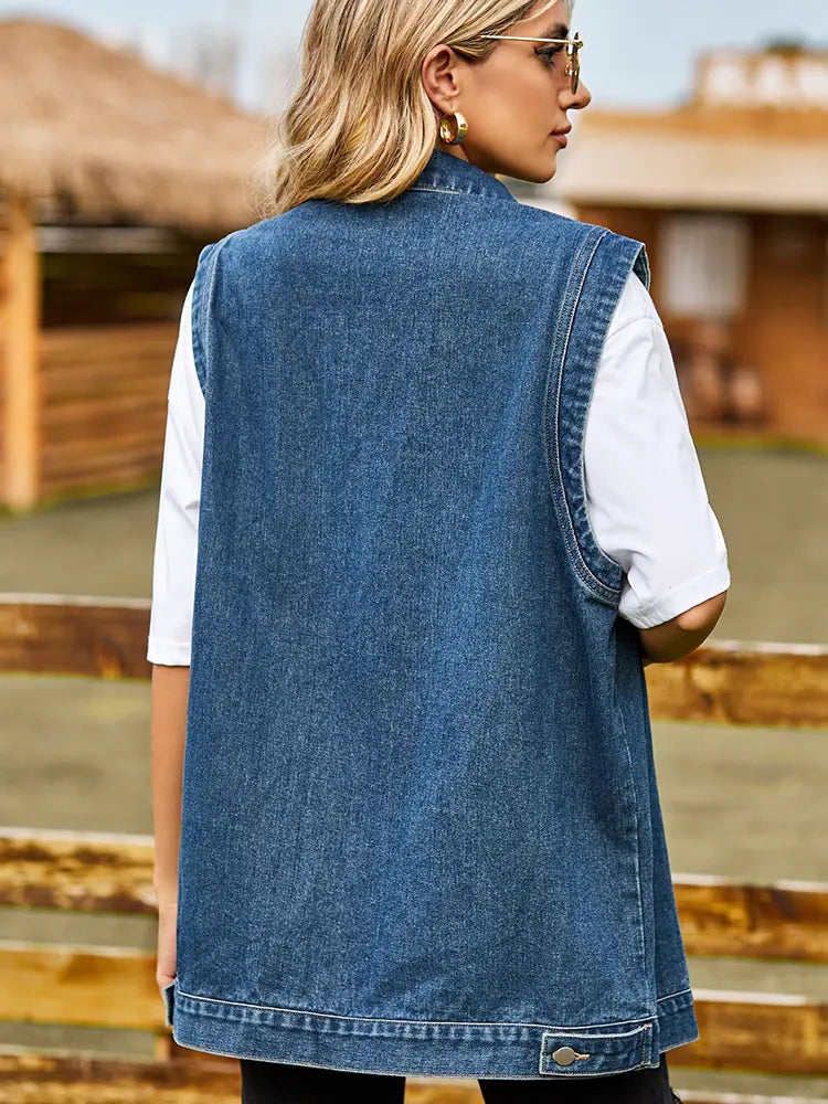 Denim Vest with Button Closure, Pockets and Relaxed Fit