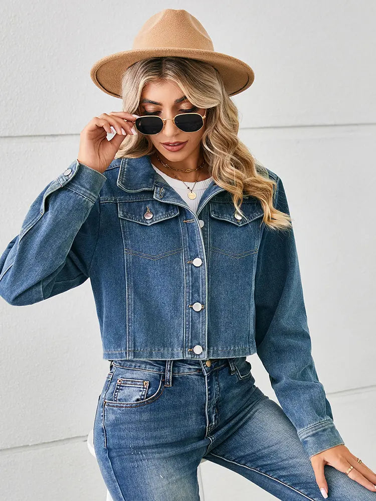 Cropped Denim Jacket with Button Closure and Pockets