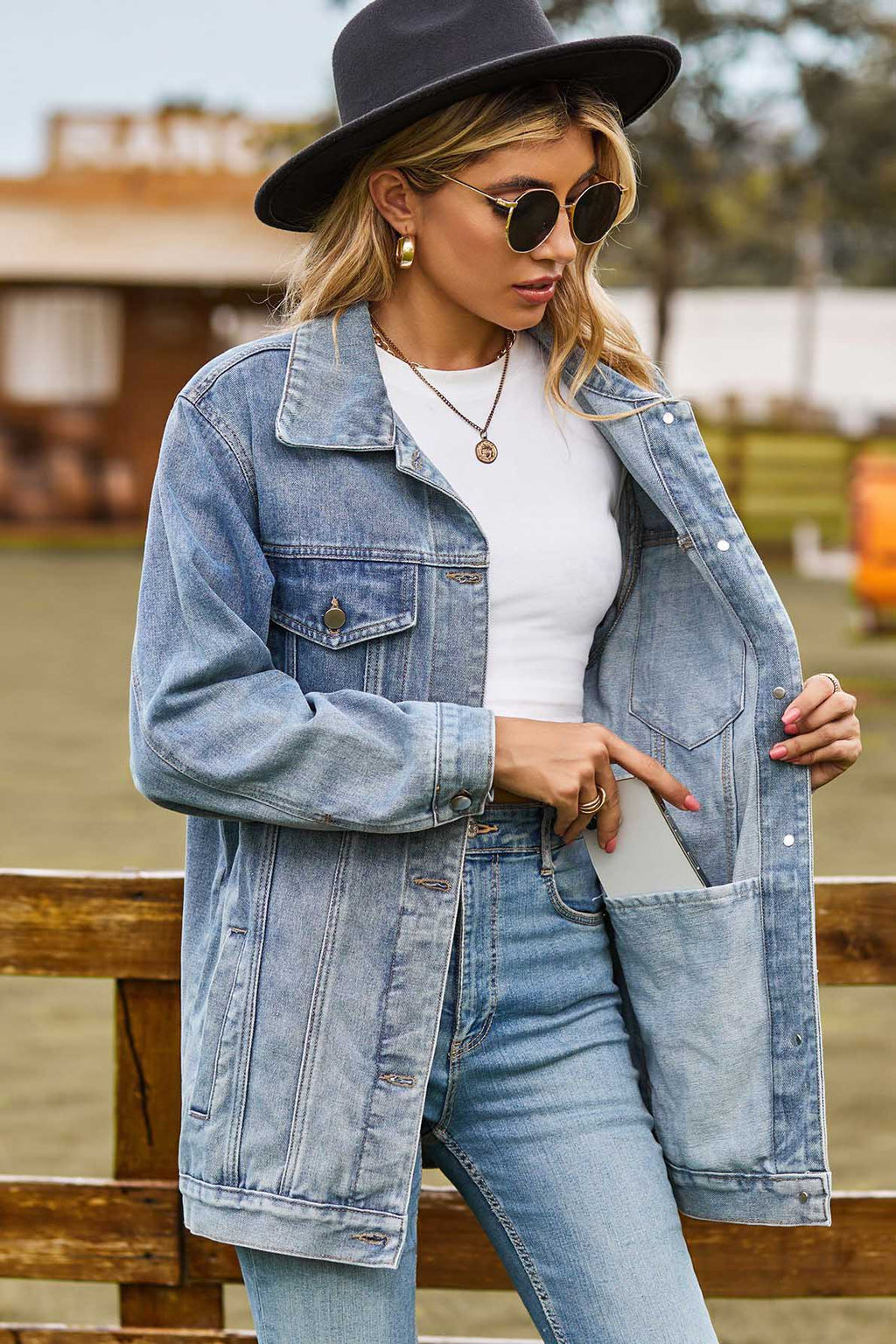 Modern Washed Leopard Print Denim Jacket-Blue