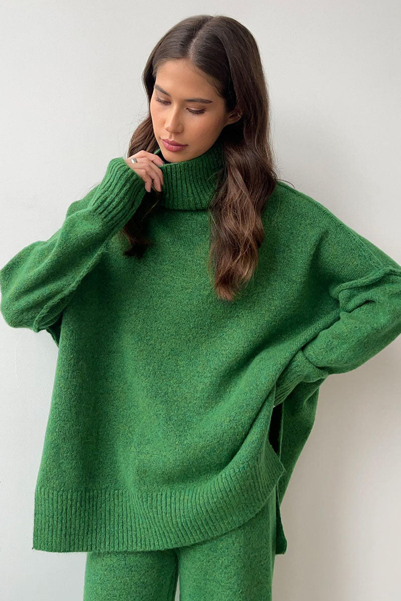 Turtleneck Split Knit Sweater Loose Knit Trousers Set