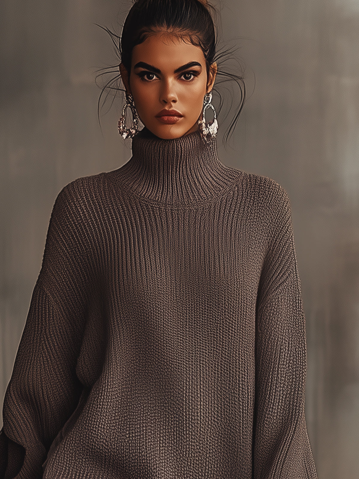 Brown Ruffled Hem Turtleneck Knit Sweater Dress