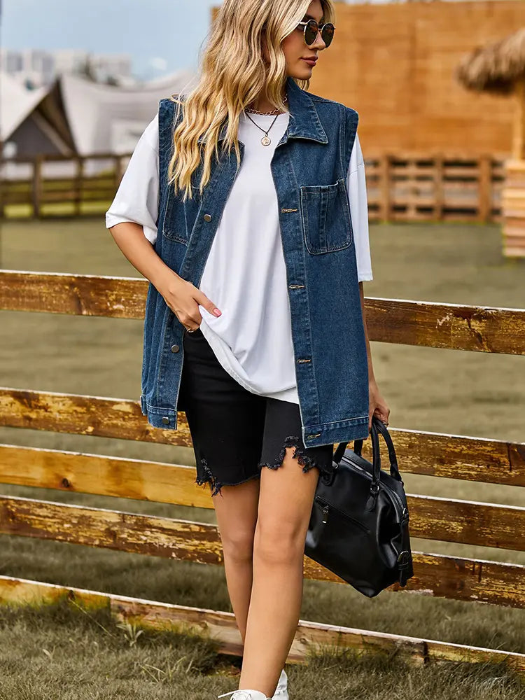 Denim Vest with Button Closure, Pockets and Relaxed Fit
