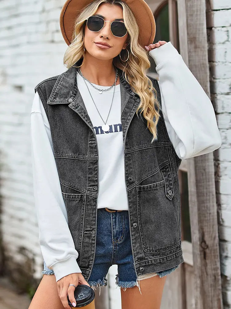 Denim Vest with Relaxed Fit and Sleeveless