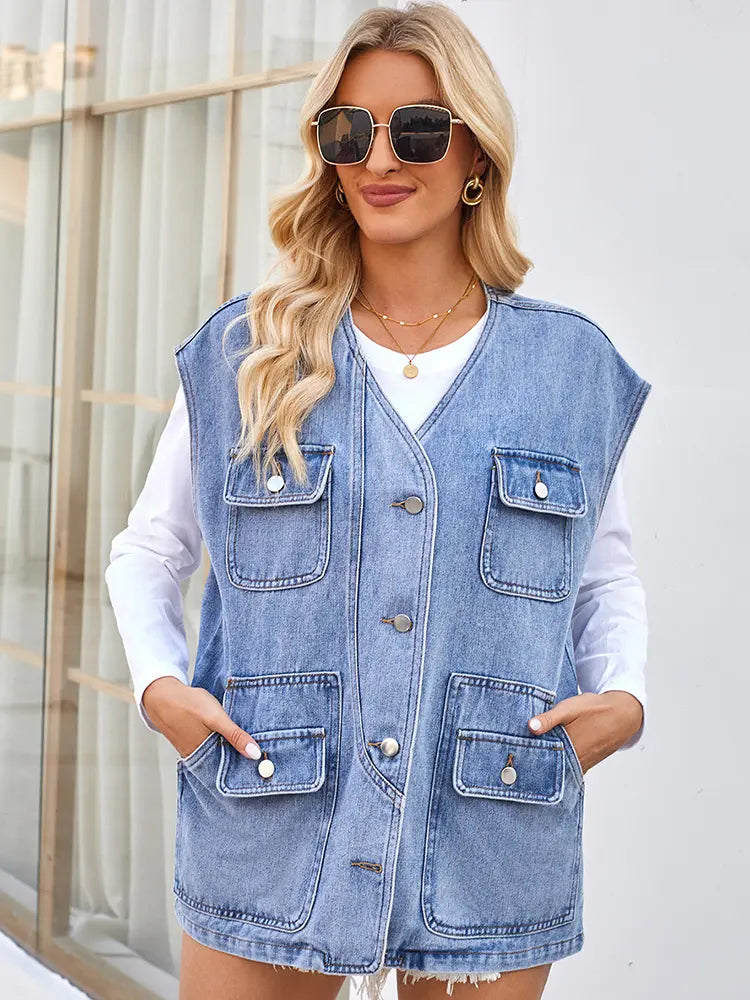 Washed Denim Vest with Button Closure and Multiple Pockets