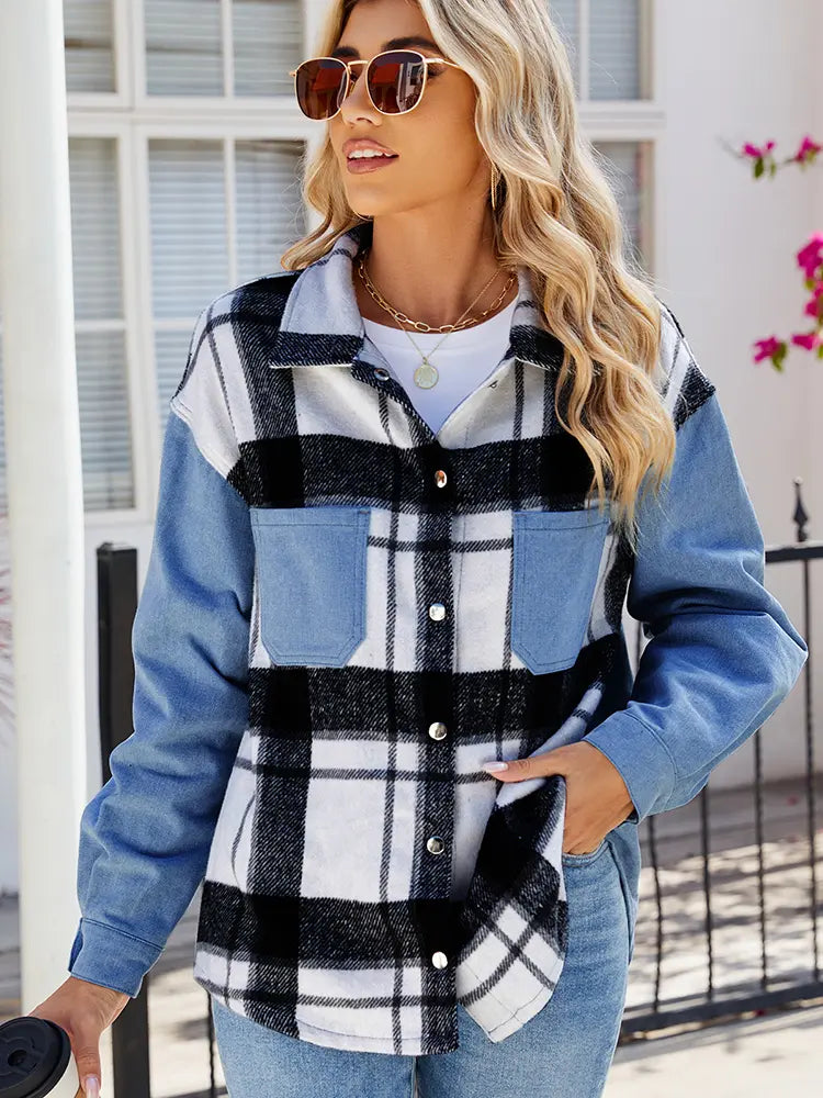 Oversized Washed Denim Jacket with Plaid