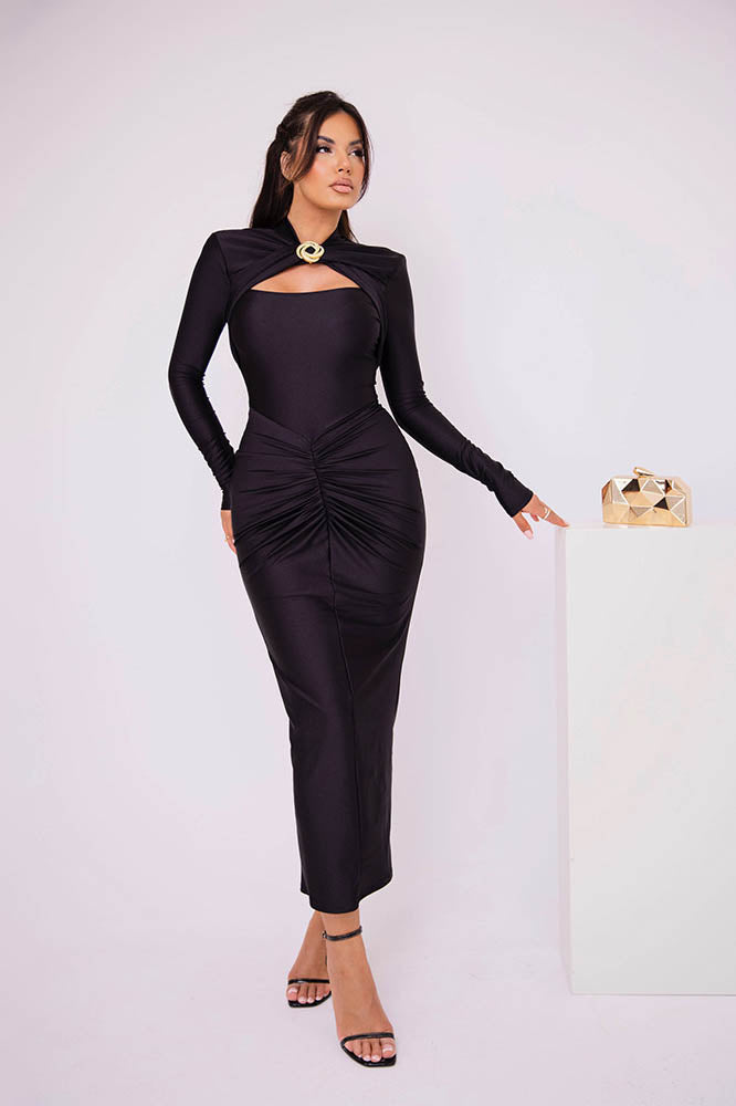 Long Sleeve Slim Fitted Party Midi-Length Dress