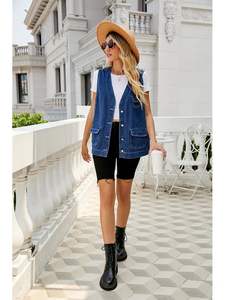 Washed Denim Vest with Pockets, Relaxed Fit and Sleeveless Cut
