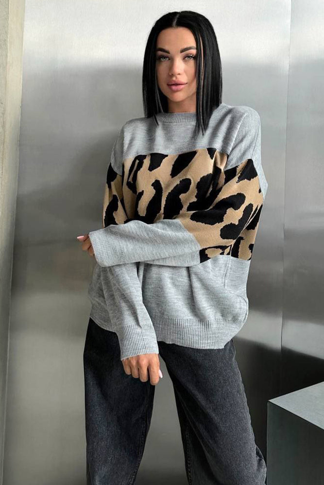 Retro Leopard Print Color-Block Knit Sweater