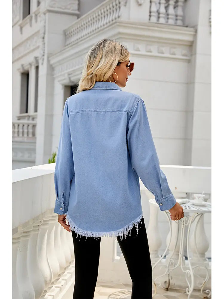 Denim Shirt Jacket in a Washed, Lightweight Design with Button Closure
