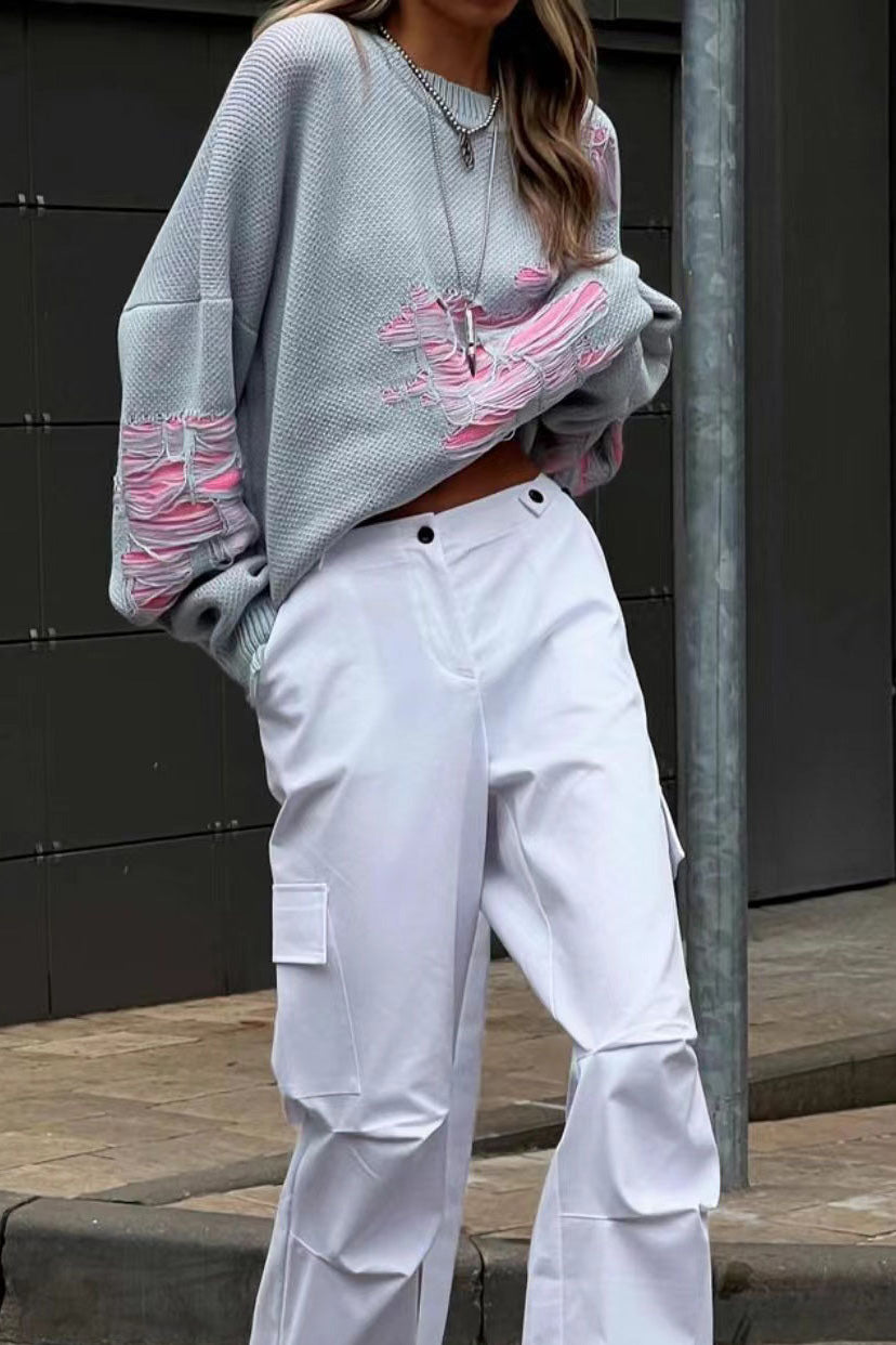 Colorblock Ripped Relaxed Knit Sweater