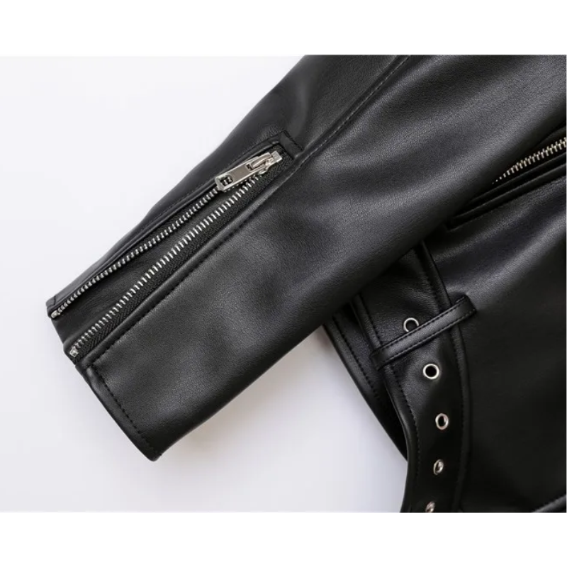 Leather Biker Jacket with Zippers and Belt