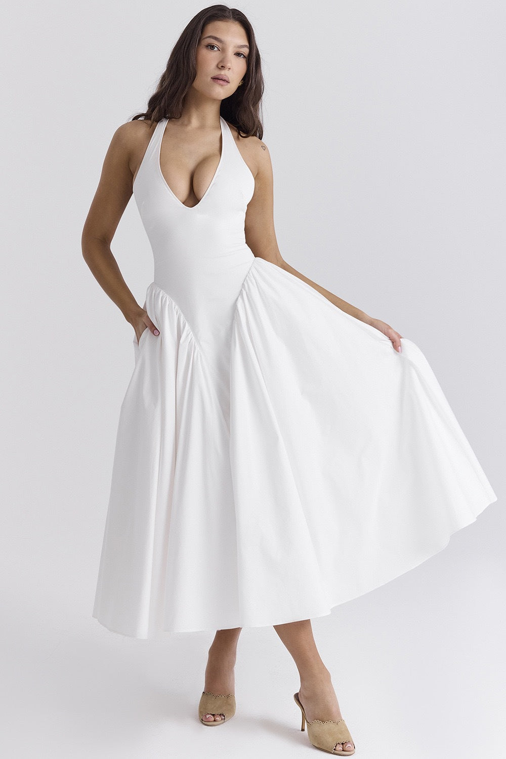 Modern White Cotton Halter Midi Sundress