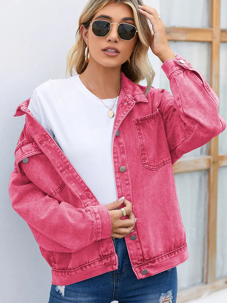 Denim Jacket in a Washed Look with Button Closure and Relaxed Fit