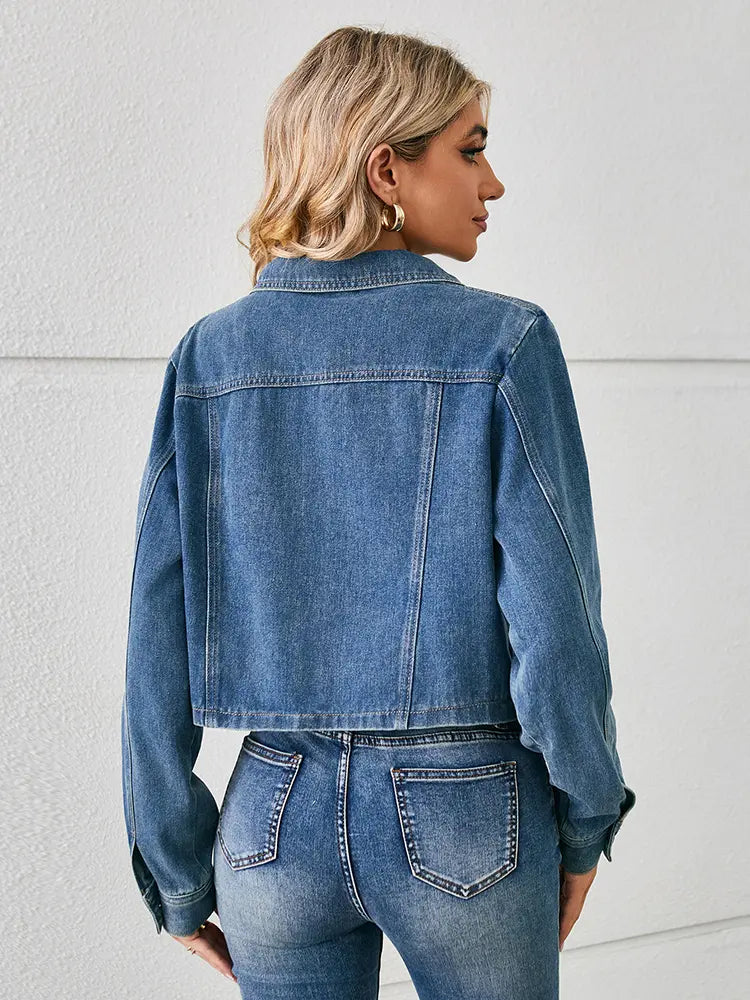 Cropped Denim Jacket with Button Closure and Pockets