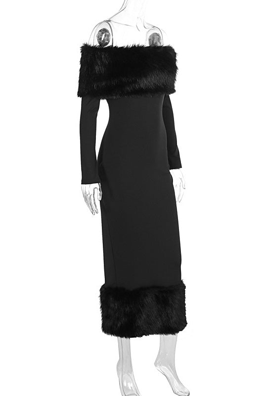 Refined One-Shoulder Fur Collar Slim Midi Dresses