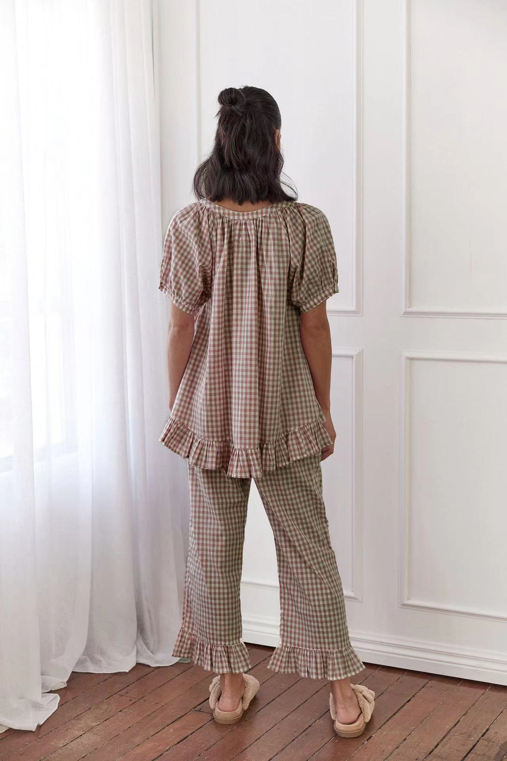 Relaxed Ruffled Plaid Print Shirt Pajama Set