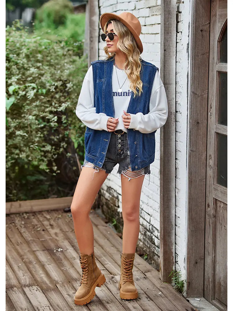 Denim Vest with Button Closure, Relaxed Fit and Sleeveless Cut