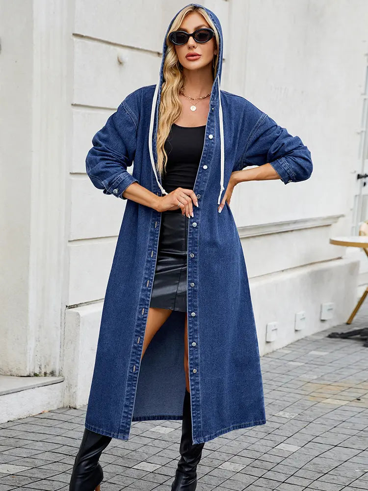 Lightweight Denim Jacket with Hood and Button Closure