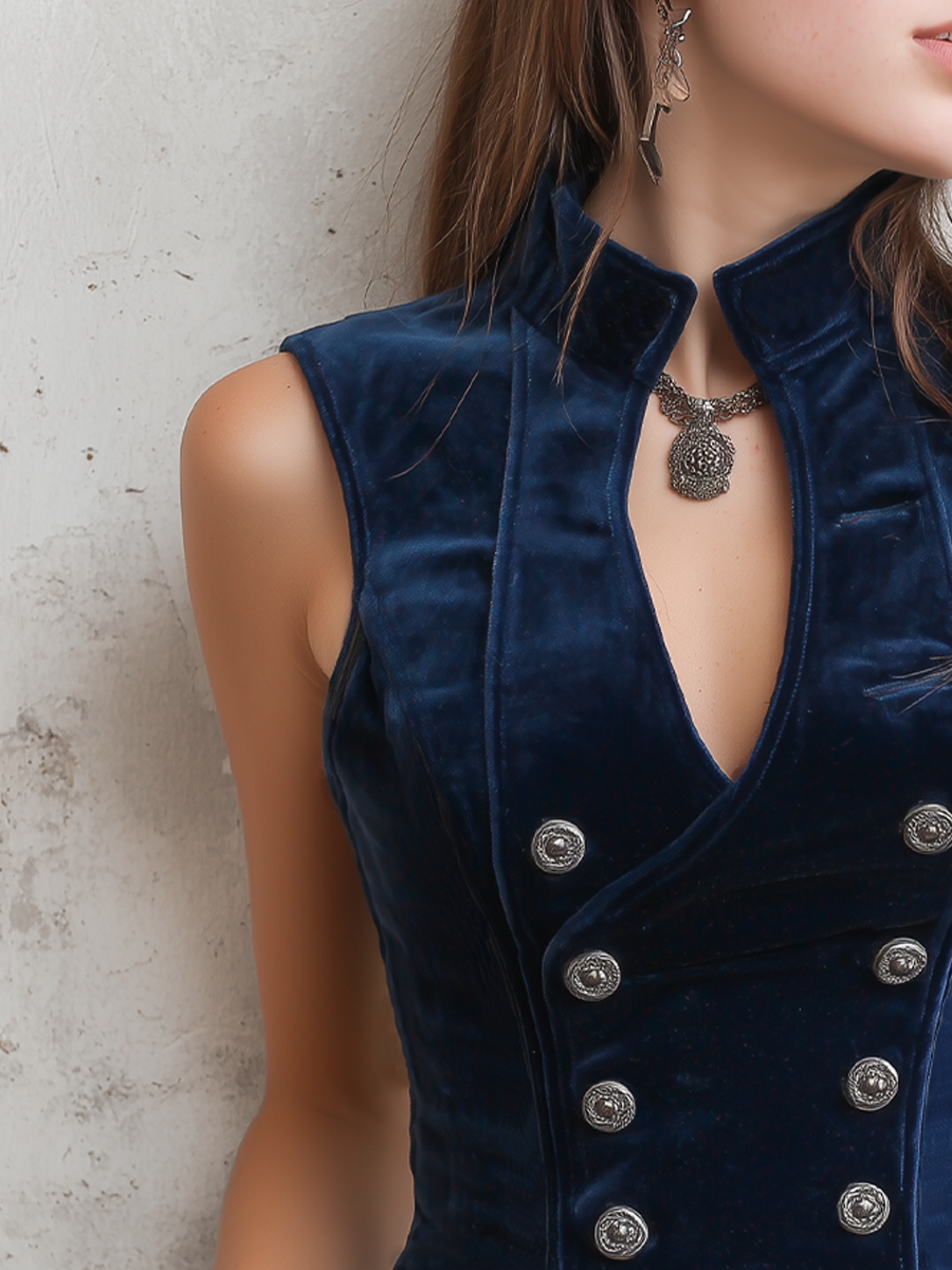 Retro Stand Collar Button Velvet Vest