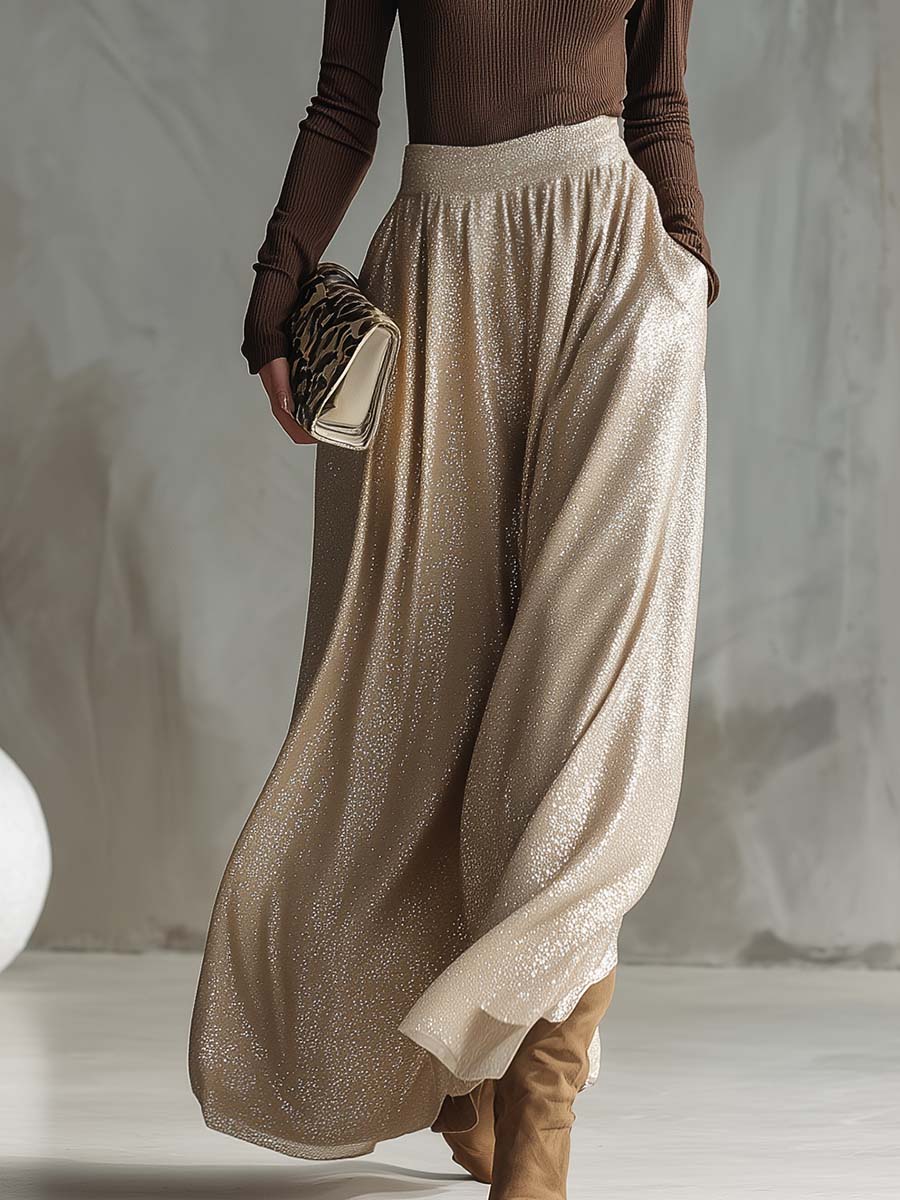 Refined And Fashionable Retro Brown High-neck Knitted Top And Shimmering Silver Skirt Set
