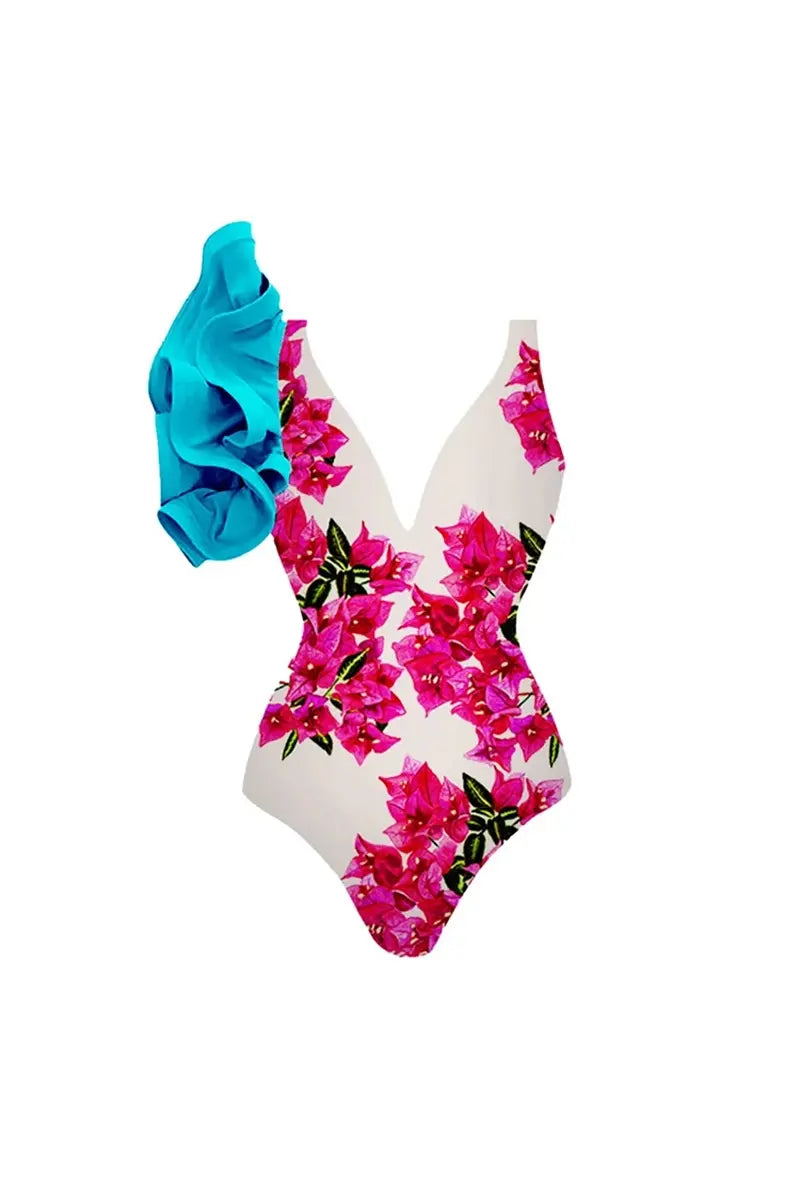 Flower Ruffled One Piece Swimwear Set